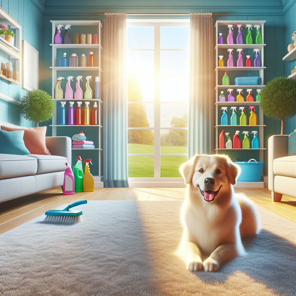 A sparkling clean and inviting living room. Bright sunlight streams through a window, illuminating a spotless carpet where a happy, well-groomed dog is comfortably curled up, looking content and relaxed. In the background, on a neatly organized shelf, are various cleaning bottles and sprays. The overall atmosphere is one of freshness, order, and successful odor removal. Realistic photo, vibrant colors.
