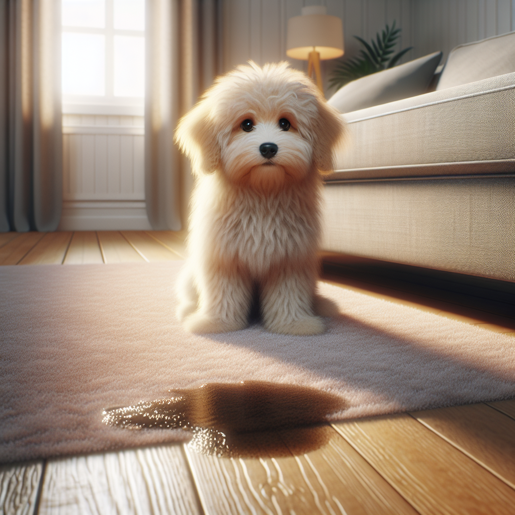 A fluffy, slightly sheepish-looking dog sitting on a plush living room carpet, with a subtle, very lightly damp patch of liquid barely visible nearby. The room is modern, clean, and well-lit, conveying a common household challenge. The focus is on the dog's endearing expression and the implication of a small accident. Soft, realistic photography style, natural light.
