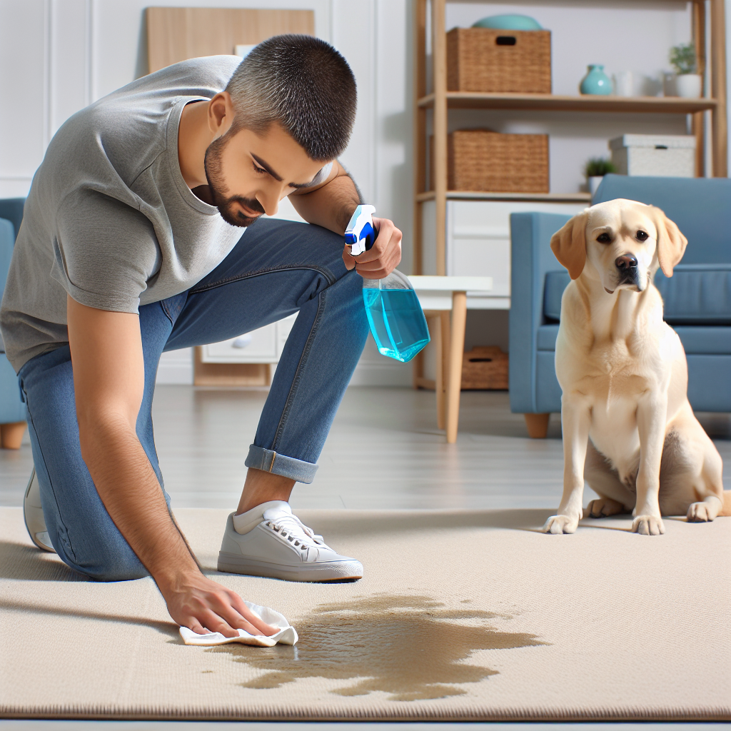 A pet owner actively cleaning a visible dog urine stain on a light-colored carpet with a spray bottle and cloth. A calm, clean dog is sitting patiently nearby. The scene is set in a bright, modern living room, emphasizing the diligent effort to remove the mess and smell. Realistic, high-resolution photo.