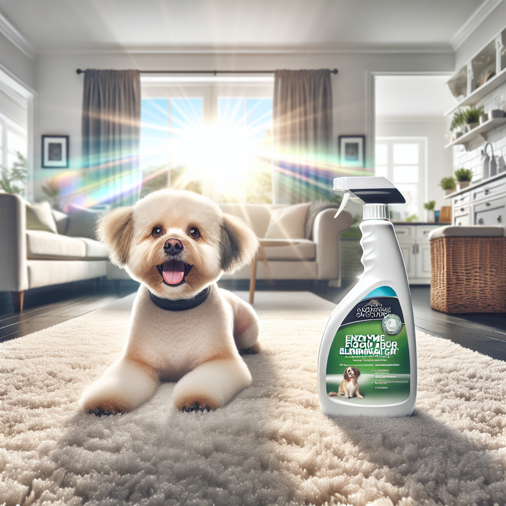 A bright, fresh, and clean home interior, sparkling with natural light. A happy, well-groomed dog is comfortably resting on a plush, pristine carpet. In the foreground, subtly placed, is a generic cleaning product bottle labeled 'Enzyme Pet Odor Eliminator'. The image conveys a sense of ultimate cleanliness, peace, and the complete absence of any unpleasant smells. Realistic, high-quality photo.