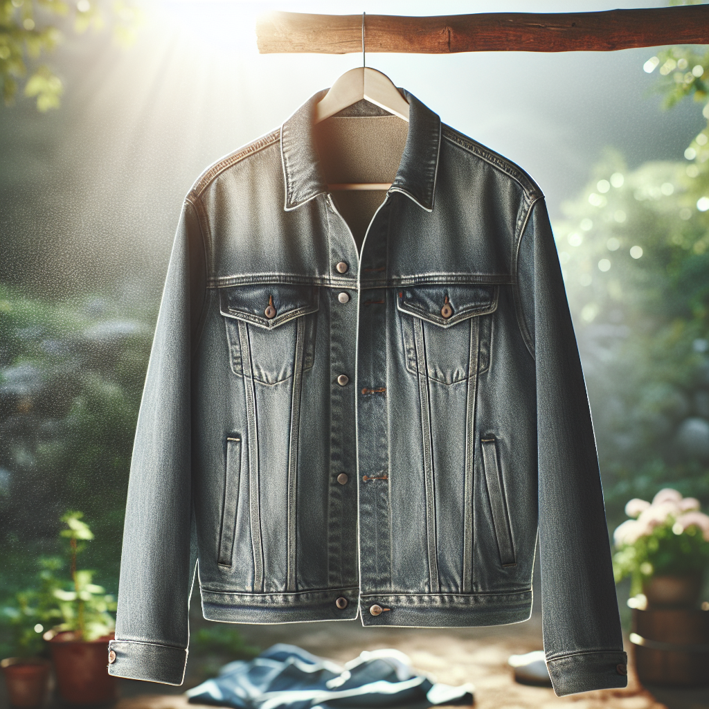 A cozy, slightly worn jacket (e.g., a denim jacket or a light winter jacket) hanging on a wooden clothes hanger outdoors on a bright, sunny day. Gentle sunlight illuminates the jacket, with a sense of fresh air and nature in the soft-focus background. The overall mood is clean, fresh, and inviting. Realistic photo, soft natural light.