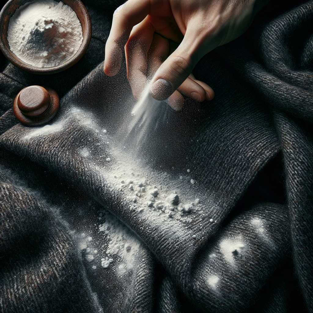 A close-up, top-down view of a dark fabric jacket (e.g., a wool blend or canvas jacket) laid flat. A hand is gently sprinkling white baking soda powder onto a specific area of the jacket. A small, rustic bowl filled with baking soda is visible nearby. The focus is on the action of applying the powder and the texture of the fabric and powder. Warm, clean lighting. Realistic photo, high detail.