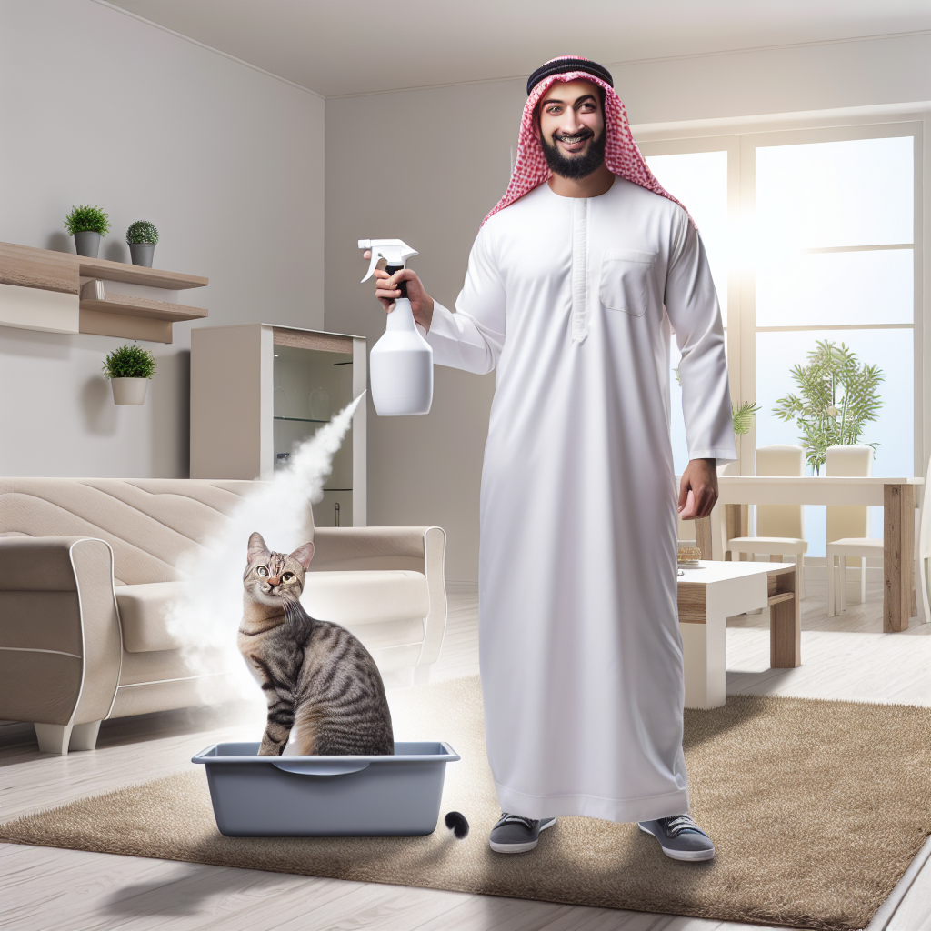 A bright, modern living room interior, spotlessly clean and filled with natural light. A well-groomed, happy cat sits on a plush rug. In the foreground, a friendly adult (gender neutral) smiles confidently, holding a generic cleaning spray bottle, ready to freshen the air. A subtle, almost invisible swirl of unpleasant odor (symbolized by a light grey wisp) is being dispelled from the corner where a discreet cat litter box is placed, suggesting successful odor elimination. The overall mood is fresh, clean, and optimistic. Realistic, high-resolution photo.