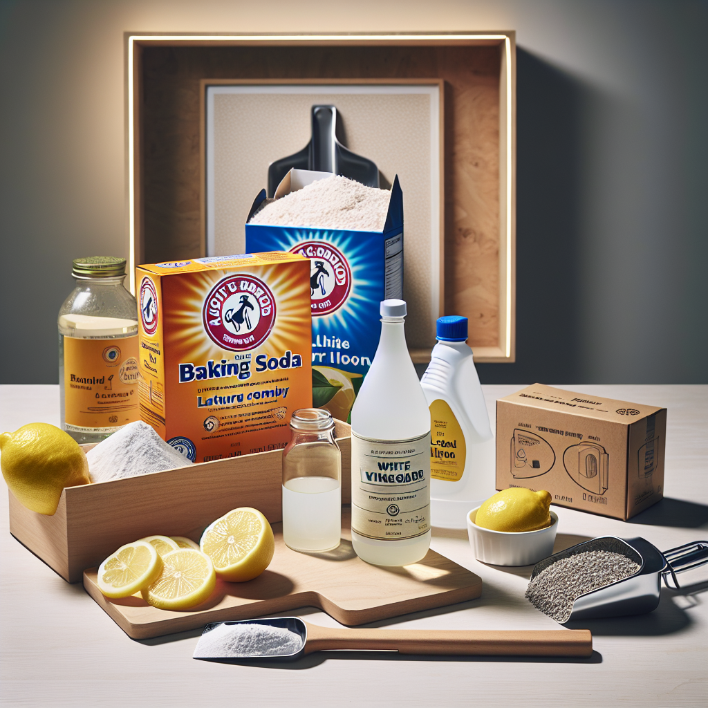 A clean, well-lit flat lay composition on a light wooden table, showcasing various natural odor-fighting household items. Prominently featured are an open box of baking soda, a bottle of white vinegar with a clear label, a fresh lemon cut in half, and a small, stylish bag of natural cat litter. The items are arranged aesthetically, suggesting a collection of effective remedies. In the background, slightly out of focus, is a sleek, modern cat litter scoop. The image conveys natural solutions and cleanliness. Studio quality, bright, minimalist.