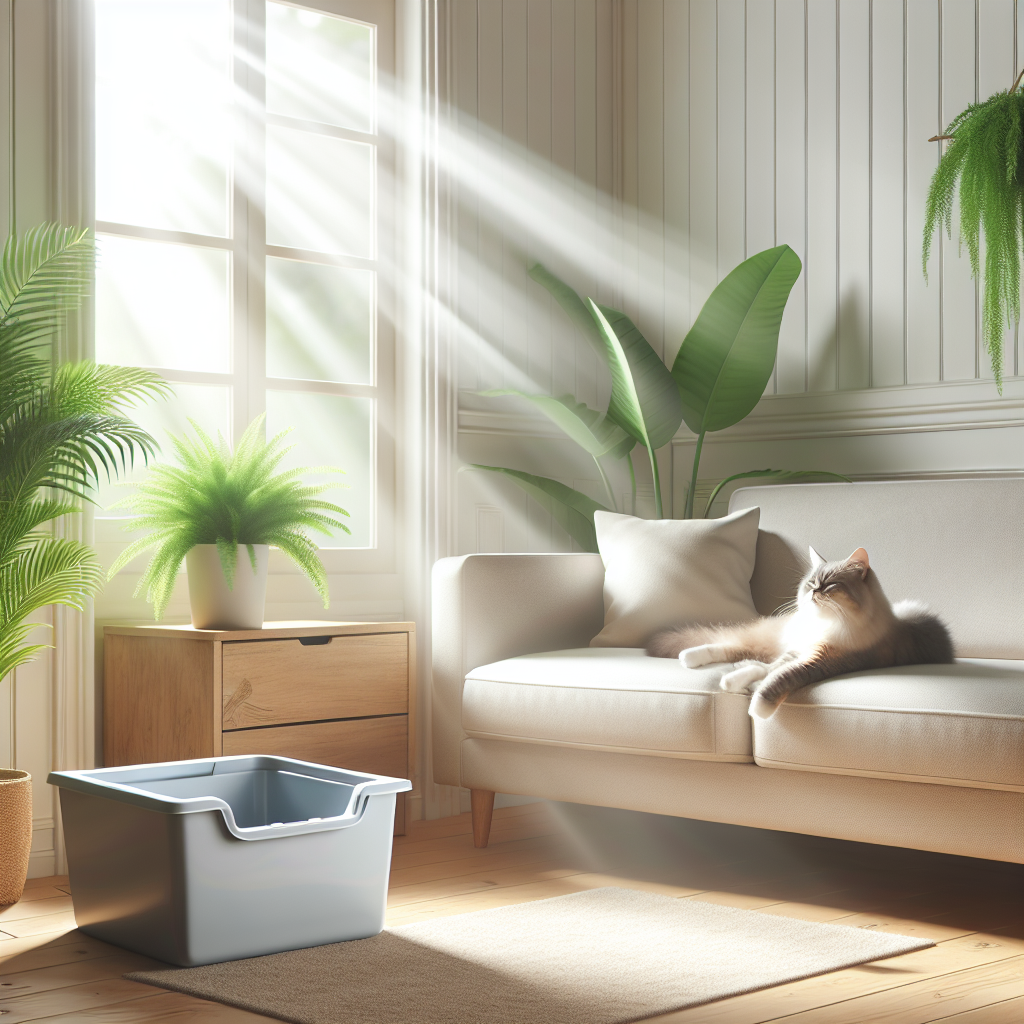 Ein makelloses, frisch duftendes Wohnzimmer mit einer diskret platzierten, sauberen Katzentoilette in einer Ecke. Sonnenlicht strömt durch ein Fenster und beleuchtet frische Grünpflanzen. Eine zufriedene Katze döst auf einem sauberen Sofa in der Nähe. Der Gesamteindruck ist Hygiene, Ruhe und eine frische Wohnatmosphäre, frei von unangenehmen Gerüchen. Realistisch, gelassen, mit klaren Ästhetik.