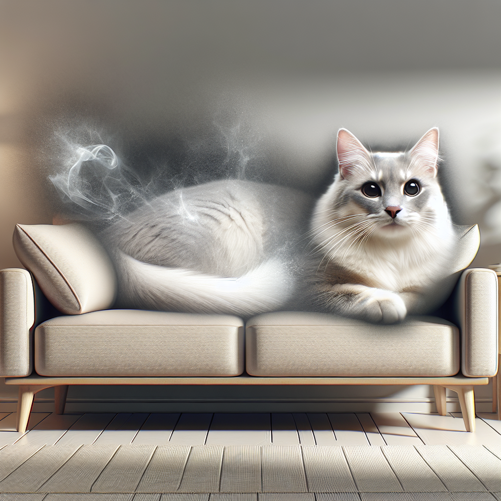 A cute, fluffy cat sitting innocently on a modern, light-colored sofa in a cozy living room. A faint, almost transparent, greyish cloud or subtle visual distortion around a specific spot on the sofa, subtly indicating an unpleasant odor. The cat's expression is innocent. Realistic, soft lighting, slight atmosphere of a hidden problem.