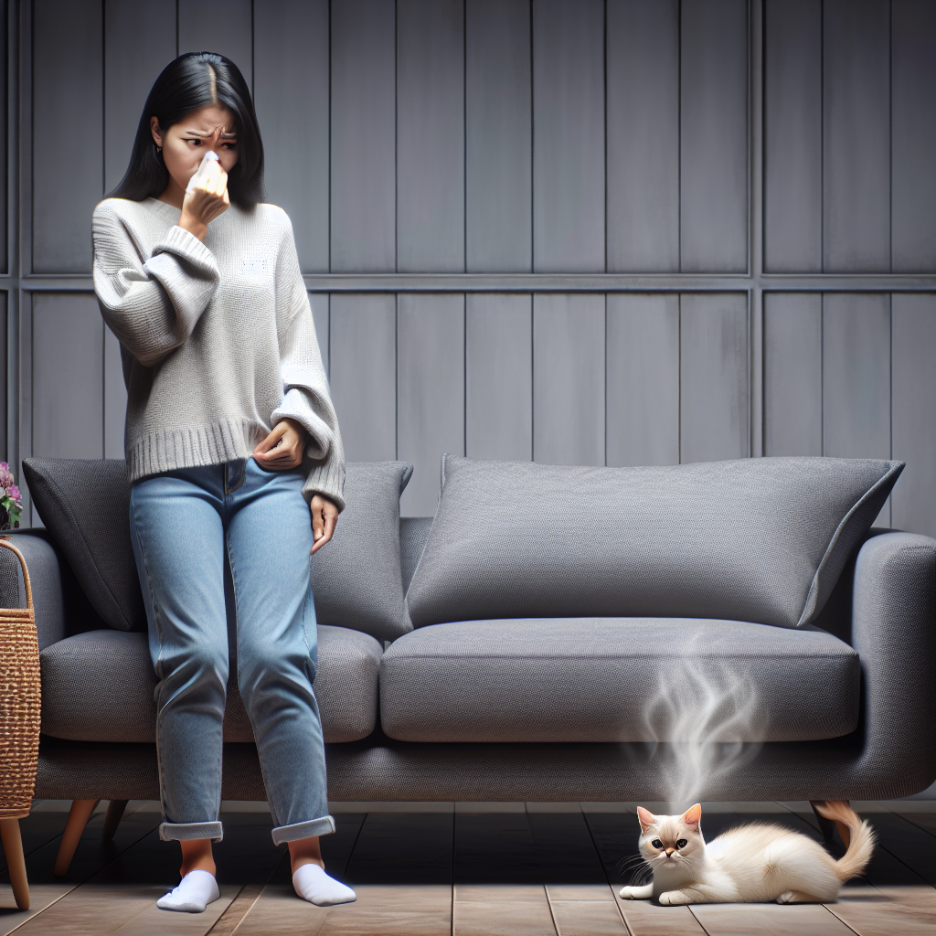 A person holding their nose with a look of dismay, standing next to a modern sofa in a living room. Subtle, almost imperceptible visual cues of an unpleasant odor seem to emanate from the sofa's cushions. A small, innocent-looking cat is casually sitting on the floor nearby. Realistic photo, indoor lighting, conveying a challenging household problem.