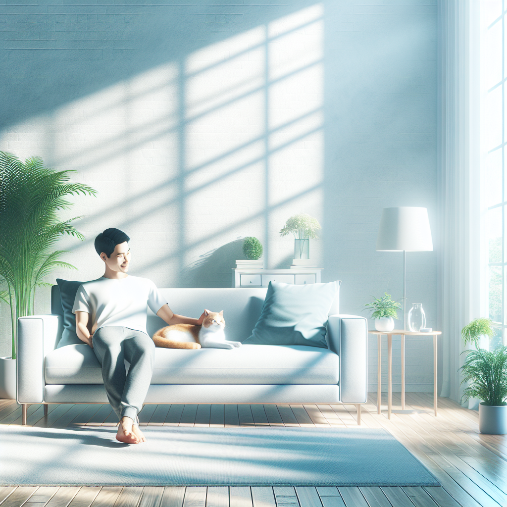 A pristine, clean modern living room sofa, bathed in bright, fresh sunlight coming through a window. A contented cat is curled up on one cushion, and a happy, relaxed person is gently petting it. The room feels airy, fresh, and inviting, symbolizing a problem solved. Realistic photo, bright and clean aesthetic.