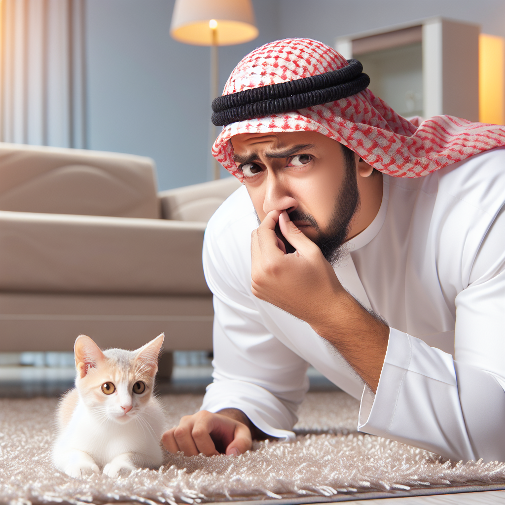 A person subtly pinching their nose, looking exasperated but loving at a cute, innocent-looking domestic cat sitting on a clean rug in a cozy, sunlit living room. The scene conveys a hidden unpleasant odor problem without showing any mess. Realistic photo.