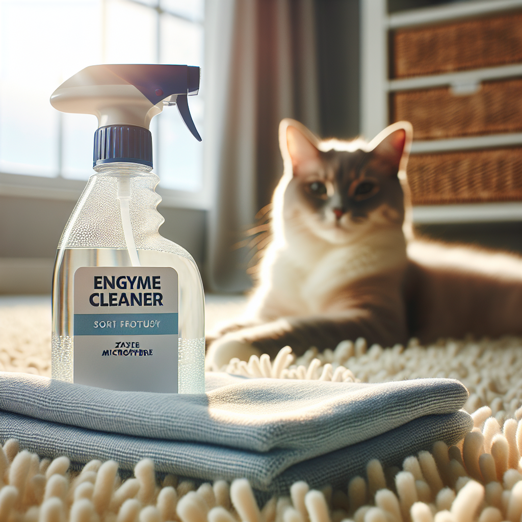 Close-up of an enzyme cleaner spray bottle and a clean microfibre cloth resting on a fluffy, pristine carpet. Bright sunlight illuminates the scene, with a happy, relaxed cat visible in the soft-focus background. Emphasize freshness and cleanliness. Realistic photo.