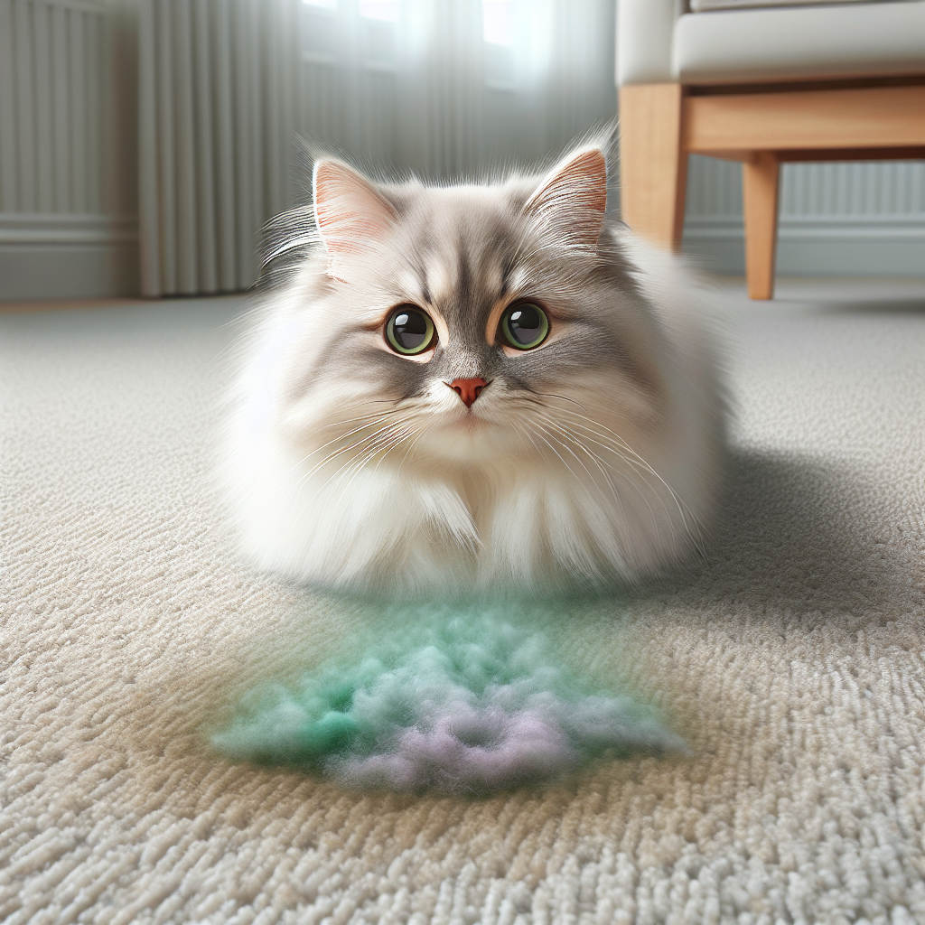 A fluffy domestic cat with wide, innocent eyes sits on a light-colored carpet. Behind it, a subtle, almost imperceptible, wispy purple-green mist or faint shimmering effect rises from a small, dry, discolored patch on the carpet, symbolizing the unseen, persistent cat urine odor. The room is otherwise clean and bright, with soft daylight streaming in. Photorealistic, high detail, slightly melancholic yet realistic tone.