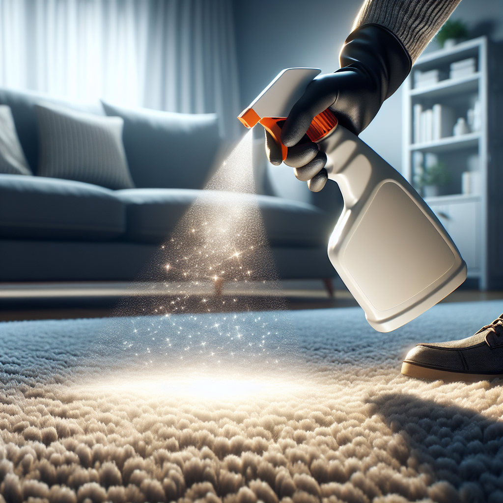 A close-up shot of a gloved hand actively spraying a stream of enzyme cleaner from a modern bottle onto a dark, noticeable stain on a plush carpet. The spray creates a visible effect of sparkling, clean light and a fresh, purifying aura emanating from the treated area, symbolizing effective odor elimination and renewed freshness. The background is a blurred, clean home interior. Bright, crisp, optimistic lighting. Photorealistic, dynamic action.