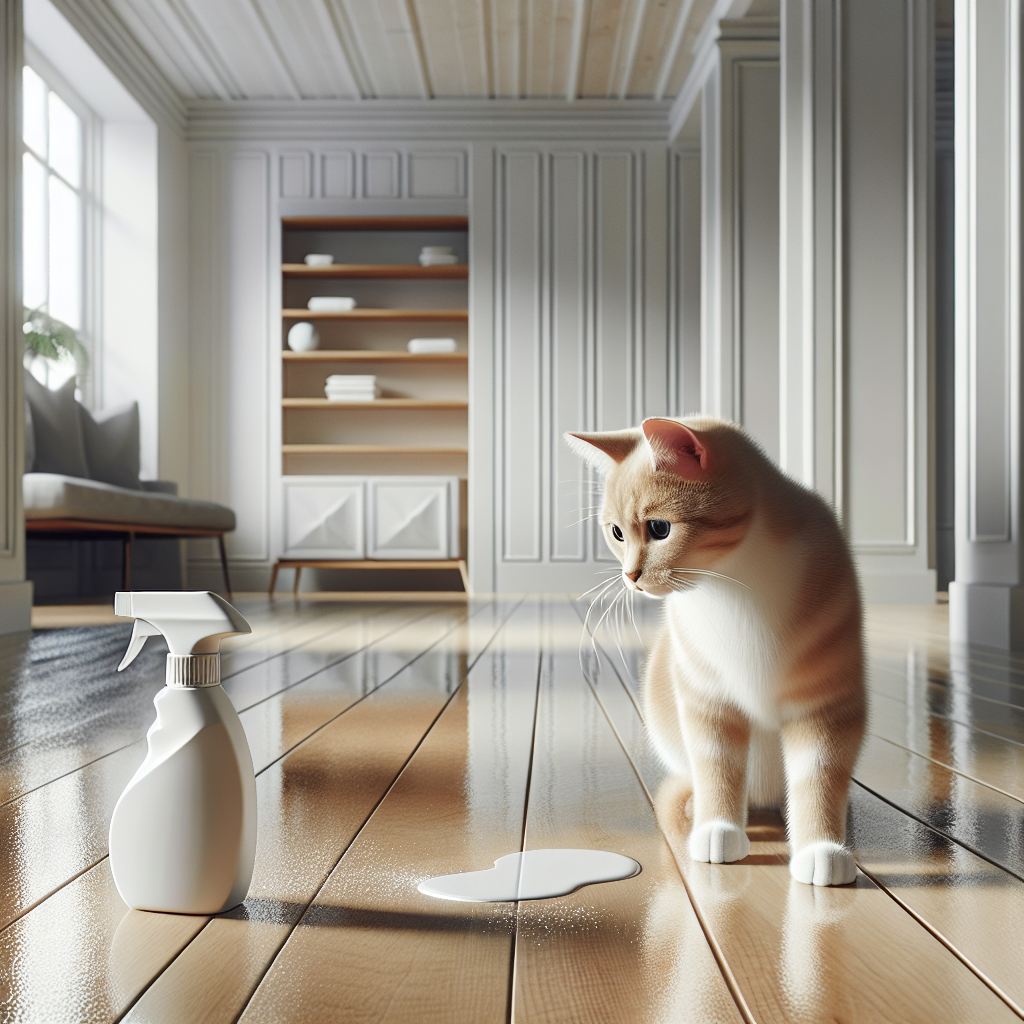 A modern, clean home interior. A domestic shorthair cat (e.g., a tabby or ginger cat) looks curiously at a small, subtle wet spot on a light-colored, natural wooden floor. Next to the spot, a generic, modern spray bottle with a cleaning solution and a small container of white powder (like baking soda) are neatly arranged. The scene is well-lit with soft, natural light, conveying a sense of solving a common household problem. High-quality photography, realistic style.