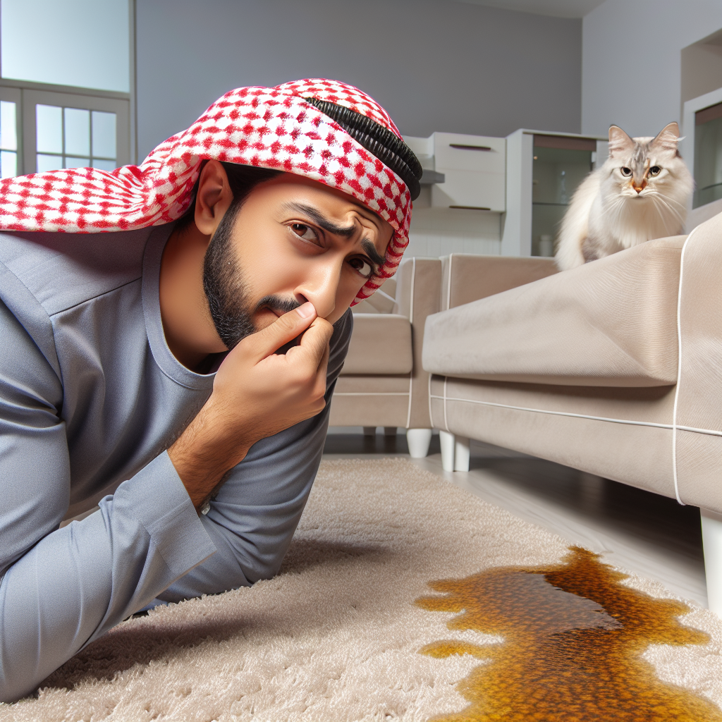 A realistic photo of a person, looking slightly frustrated and holding their nose subtly, discovering a fresh cat urine stain on a light-colored carpet in a modern, well-lit living room. A mischievous-looking cat is peeking from behind a piece of furniture in the background. The scene conveys the immediate unpleasantness and challenge of pet odors.