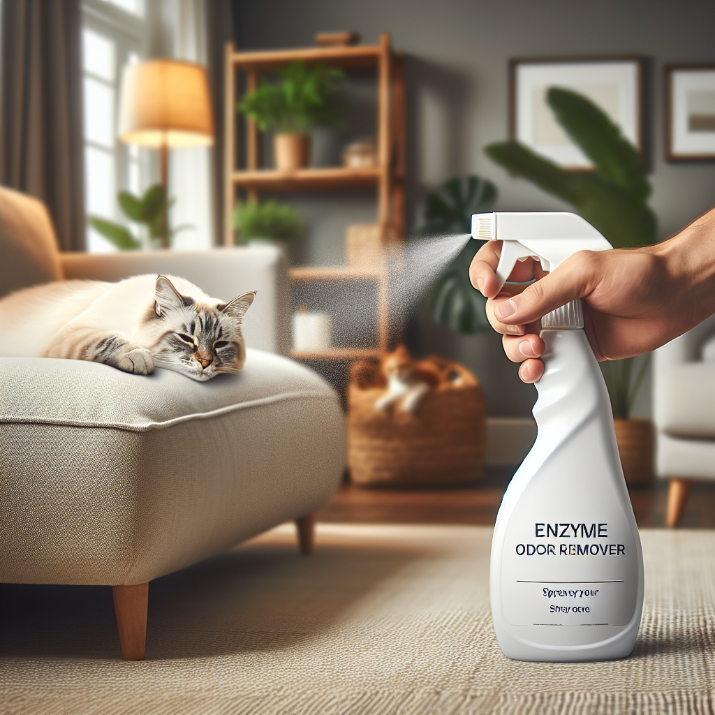 A bright and airy living space, showcasing a fresh and clean environment after dealing with pet odors. A human hand, holding a sleek, generic spray bottle of enzymatic cleaner, is subtly misting a neutral-toned sofa cushion or a clean area of a rug. In the soft-focus background, a happy, relaxed cat is comfortably napping on a clean surface, and a healthy green plant adds to the feeling of freshness and purity. High-quality photo, realistic, emphasizing cleanliness and well-being.