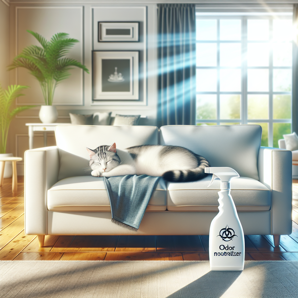 A bright and inviting realistic photo of a sparkling clean and fresh-smelling living room. Sunlight streams in, illuminating spotless furniture and floors. A happy, well-groomed cat is comfortably curled up and sleeping soundly on a pristine sofa. A generic, minimalist spray bottle labeled 'Odor Neutralizer' is subtly placed on a nearby coffee table, symbolizing successful cleaning and a peaceful home.