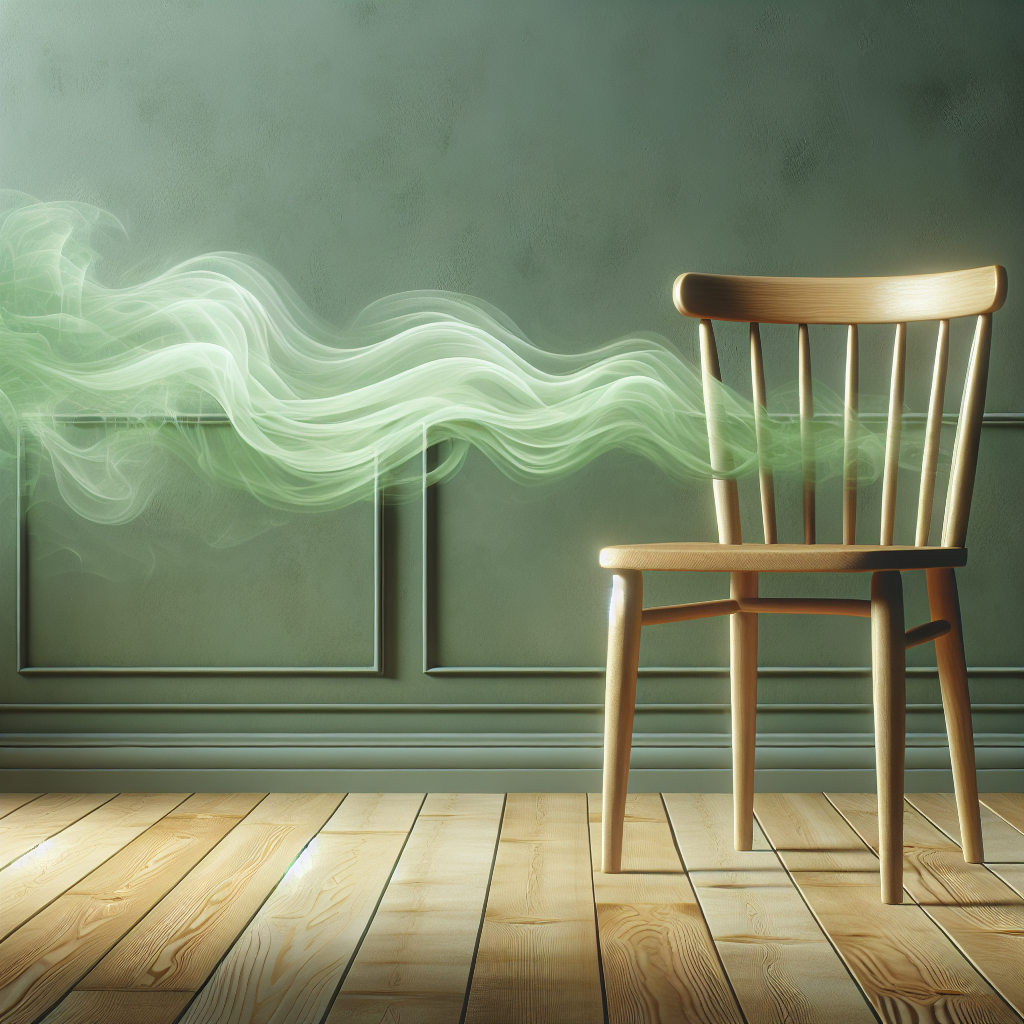 A realistic photo of a modern room with a freshly painted wooden chair. Subtle, slightly green and wavy fumes are visibly emanating from the chair, creating a palpable sense of a strong, unpleasant paint odor filling the air. The room feels a bit stuffy and uncomfortable, reflecting the lingering smell.