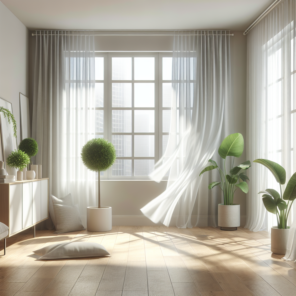 A bright, airy realistic photo of a clean, minimalist room, bathed in natural light. A large window is wide open, with sheer curtains gently swaying in a fresh breeze. Several lush green houseplants are visible, and the overall atmosphere is one of crisp, clean air and a refreshing, odor-free environment.