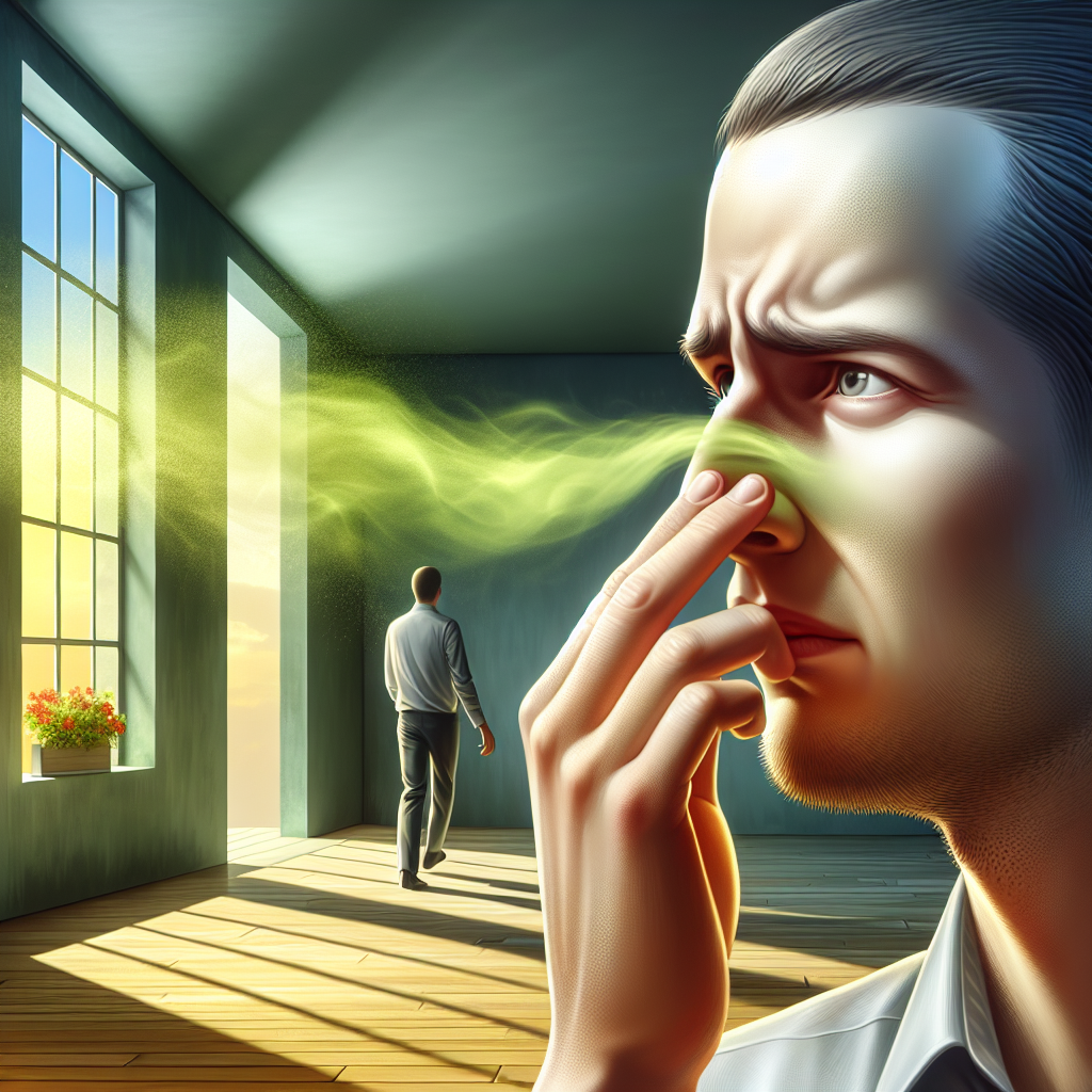 A person, slightly distressed, subtly holding their nose in a modern, freshly painted room. A faint, almost transparent greenish-yellow cloud representing unpleasant fumes emanates from a newly painted wall or piece of furniture. In contrast, a wide-open window in the background streams in bright sunlight, hinting at fresh, clean air with a subtle, stylized breeze effect. The scene should convey discomfort transitioning to the hope of freshness. Realistic, detailed, indoor environment, soft natural lighting.