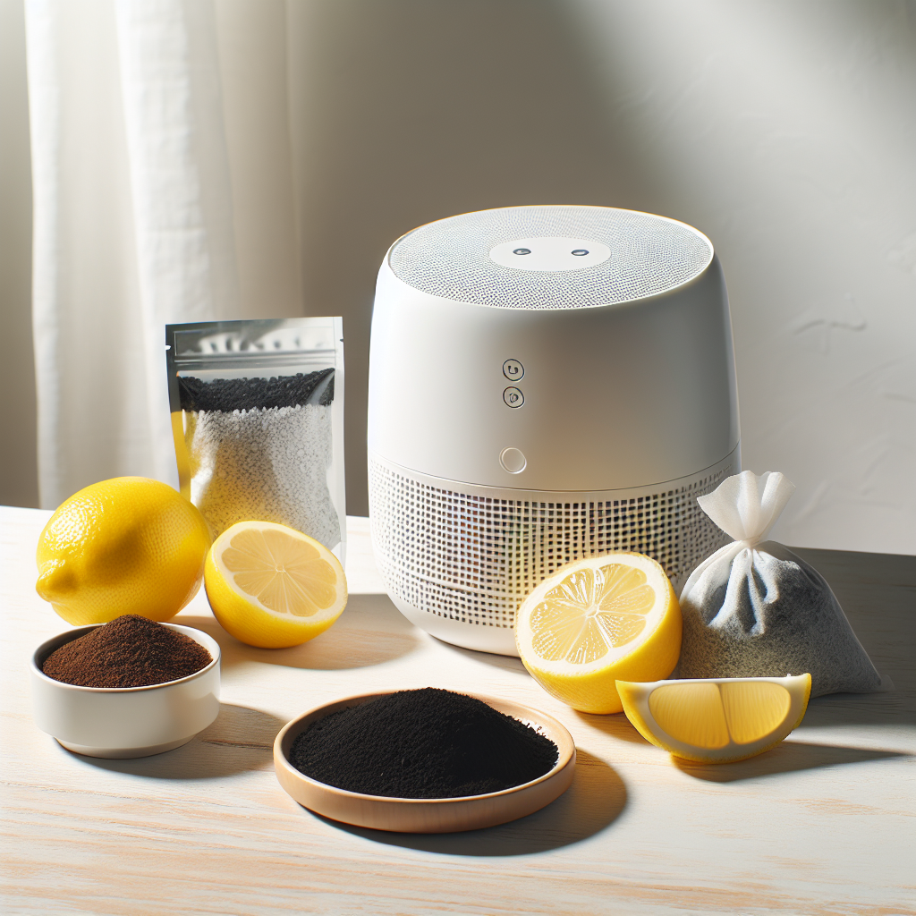 A clean, well-lit still life arrangement on a light wooden or marble countertop, showcasing various natural remedies for odor removal. Include a small bowl of fresh coffee grounds, a few slices of lemon, a discreet bag of activated charcoal, and a small, modern air purifier subtly placed in the background. The overall aesthetic should be clean, organized, and effective, suggesting natural and technological solutions to an indoor problem. Bright, airy, high-key photography style.