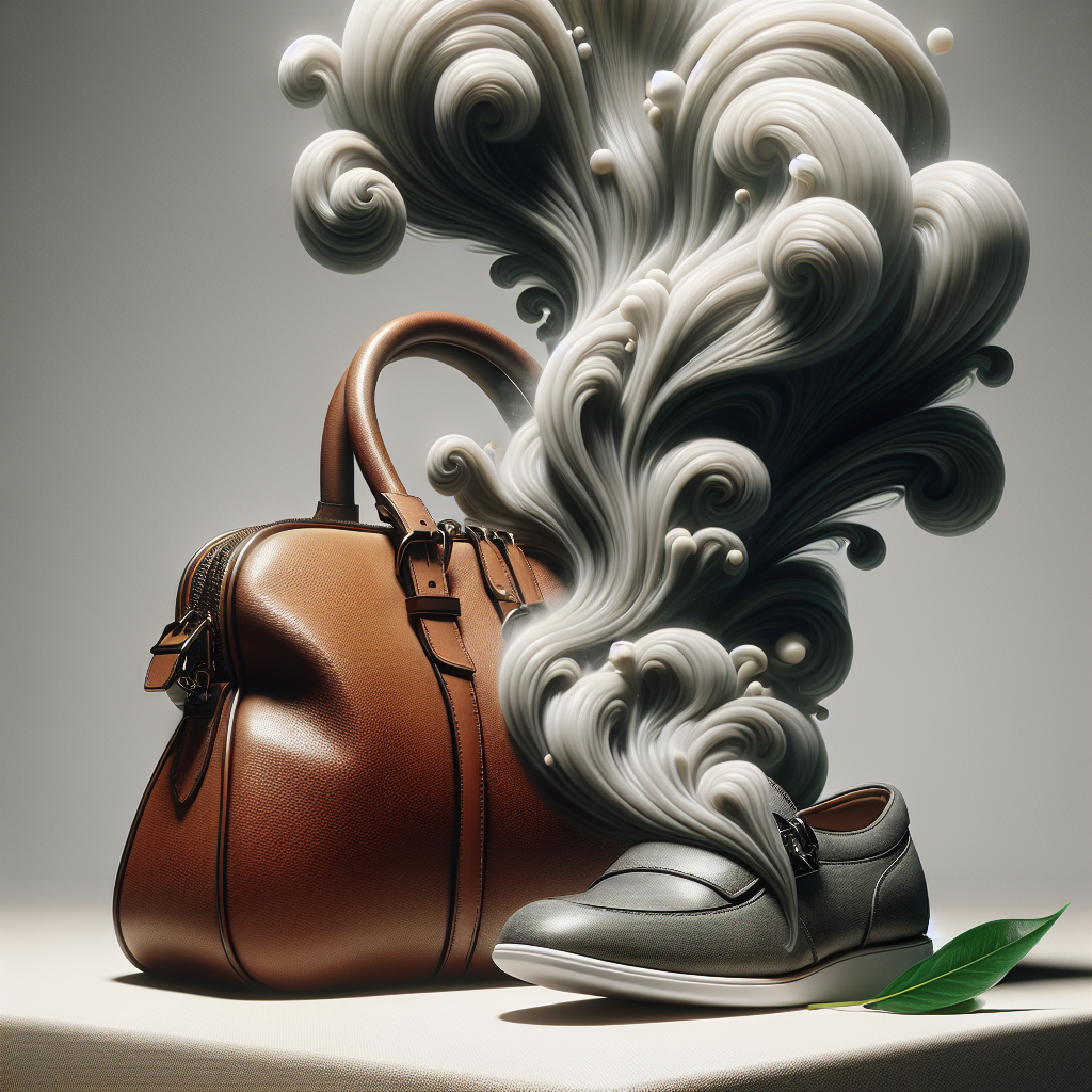 Ein detailliertes Nahaufnahmebild einer eleganten, neuen Ledertasche (oder stilvoller Lederschuhe) auf einer sauberen Oberfläche. Von der Lederware steigt ein subtiler, ätherischer Hauch eines dunklen, unangenehmen 'Geruchs' (abstrakt dargestellt als leichter, wirbelnder grauer Nebel) sanft nach oben und löst sich auf, während er sich in klare, frische Luft verwandelt, dargestellt durch weiches, helles Licht oder ein einzelnes, sanft fallendes frisches grünes Blatt. Der Hintergrund ist sauber und minimalistisch, um Sauberkeit und Frische zu betonen. Hohe Detailgenauigkeit, weiche Beleuchtung. Photorealistisch mit einem Hauch von konzeptueller Kunst.