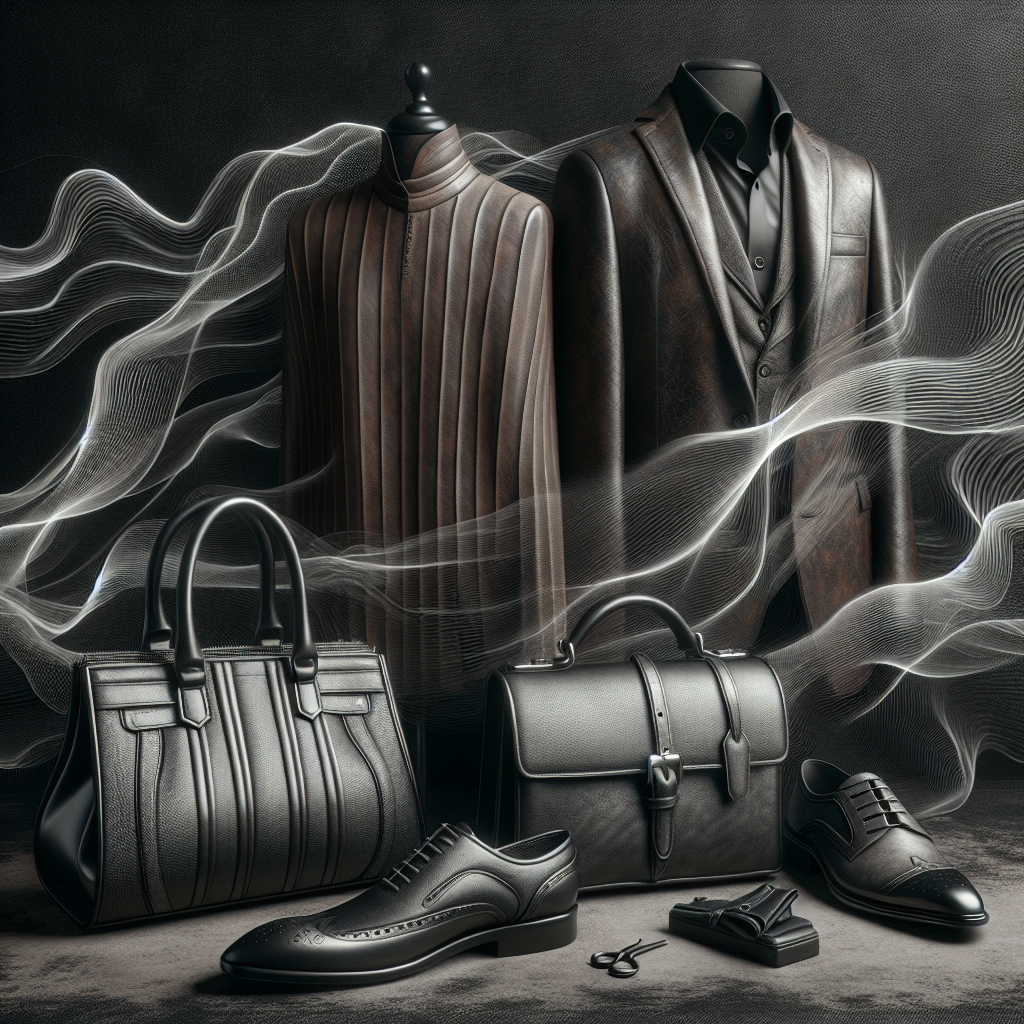 A high-quality, realistic photo depicting various leather items: a stylish leather handbag, a pair of elegant leather shoes, and a classic leather jacket. Emanating from them are subtle, dark, wavy lines symbolizing an unpleasant odor, which are being gently pushed away and replaced by soft, glowing, fresh air currents. The background is clean and minimalist, emphasizing the leather objects and the concept of freshness. Professional lighting, crisp details.