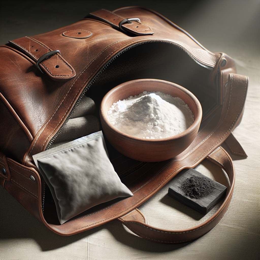 A close-up, realistic photographic scene showing an opened leather bag (tote or messenger style) with a small, open bowl of baking soda and a small sachet of activated charcoal placed inside. The leather texture is clearly visible, and the scene implies the process of odor absorption. The lighting is soft and natural, suggesting a practical, at-home remedy. Subtle visual cues of freshness or cleanliness could be present, like a ray of soft light.