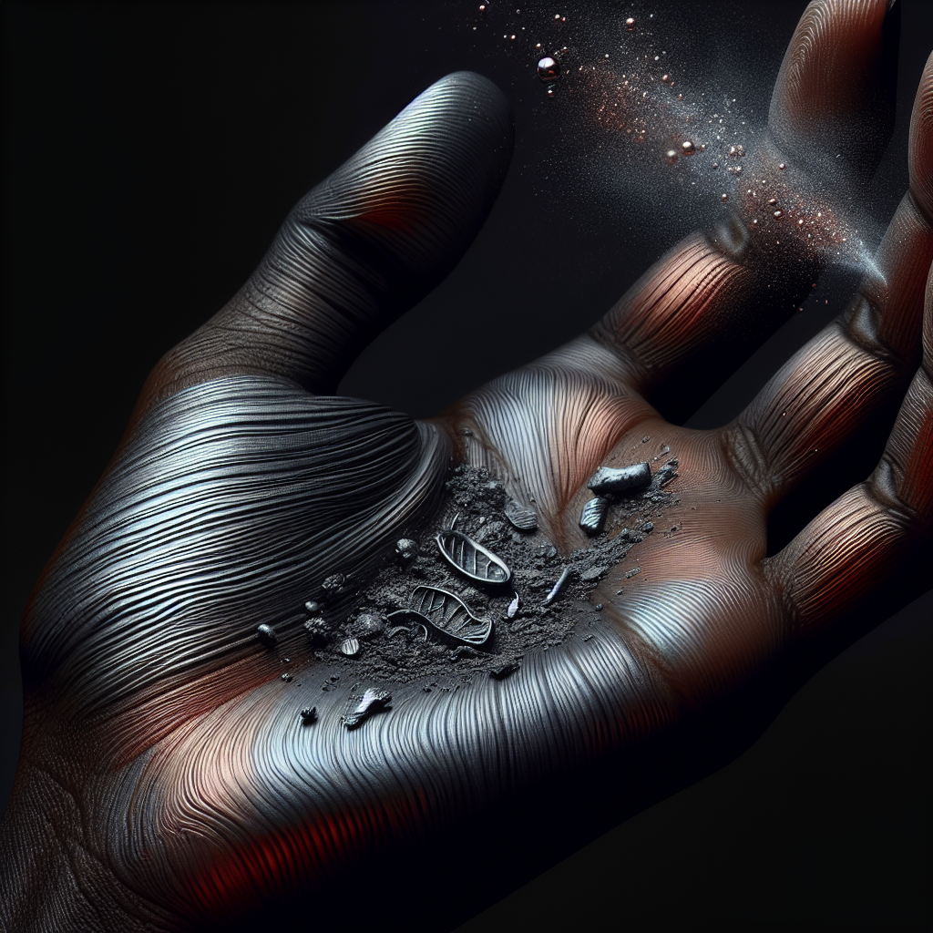 Close-up of a person's hand, subtly showing discomfort from an unpleasant metallic smell. Faint, abstract greyish or reddish lines subtly emanate from the skin, visually representing the persistent odor. A blurred, shiny metallic object like a key or coin is in the background. Clean, modern photographic style, high detail.