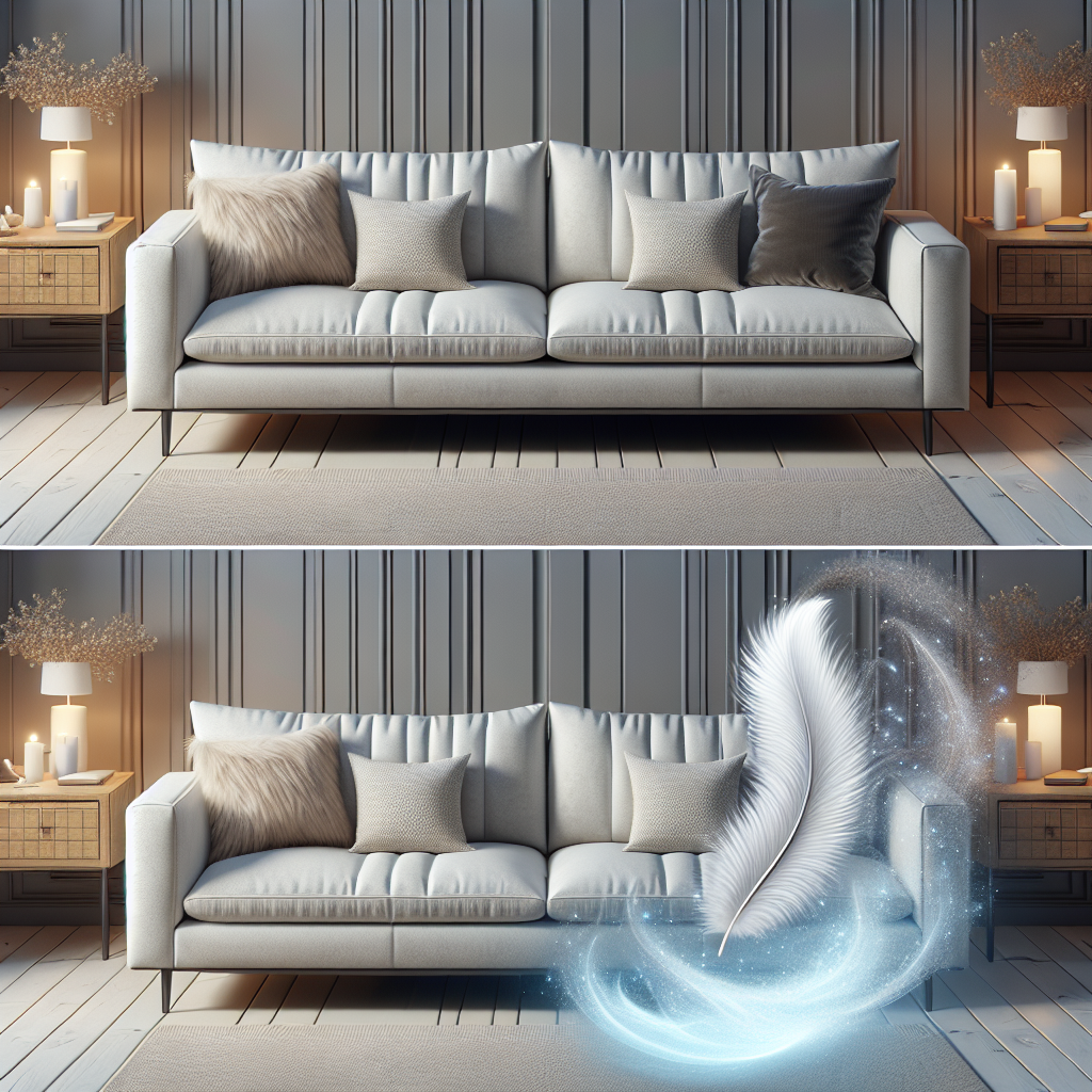 A modern, clean living room. A comfortable upholstered sofa is subtly depicted with faint, translucent, slightly greyish-brown wisps emanating from it, symbolizing an unpleasant odor. In contrast, a shimmering, light blue and white aura of freshness and cleanliness is gently enveloping the sofa, signifying effective odor removal and a pleasant aroma. The image should convey the transformation from stale to fresh, with a focus on a harmonious, contemporary home environment. High quality, realistic digital art.