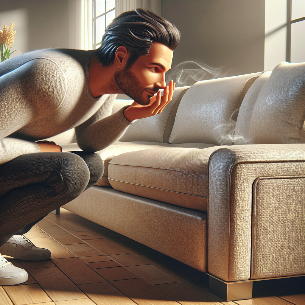 A modern, inviting living room scene. A person is gently sniffing a new, light-colored upholstered sofa with a slightly puzzled, concerned expression, hinting at an unexpected odor. The room is bright and clean, with a subtle, almost imperceptible visual distortion around the sofa, symbolizing the unpleasant smell. Realistic style, warm lighting.