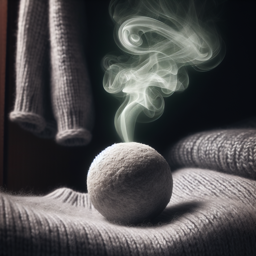 A close-up shot of a single, old-fashioned mothball (naphthalene ball) resting on a folded piece of clothing, like a wool sweater, with subtle, swirling, grey-green vapor visually representing a strong, unpleasant odor emanating from it and permeating the fabric. The background is a slightly blurred, dark closet interior, emphasizing the confined space. Realistic, high-detail.