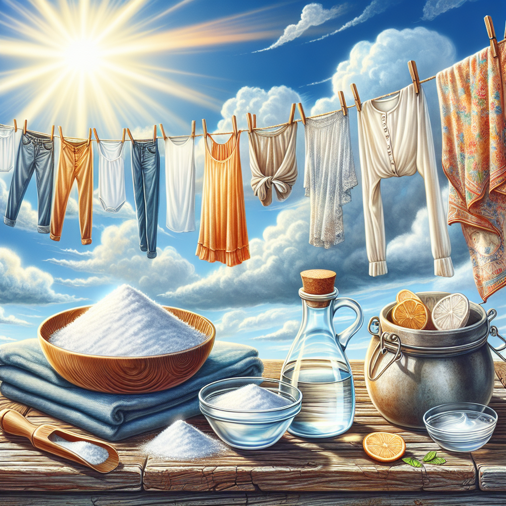 A bright and airy outdoor scene featuring various pieces of clothing (a shirt, a pair of trousers, a scarf) gently swaying on a clothesline under a clear blue sky and warm sunshine. Nearby, a small bowl of white powder (baking soda) and a container of clear liquid (vinegar) are visible on a rustic wooden table, symbolizing natural methods to remove odors. The overall feeling is one of freshness, cleanliness, and natural purification. Realistic, vibrant colors.