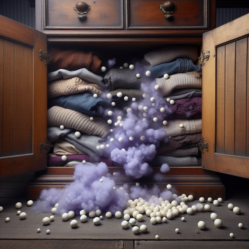 A vintage wooden wardrobe slightly ajar, revealing a stack of various clothes (shirts, sweaters) inside. Several small, white mothballs are subtly visible among the textiles. A faint, metaphorical purple-grey 'smell cloud' gently emanates from the clothes, suggesting a strong, unpleasant chemical odor. The overall scene conveys a sense of a household challenge, in a clean, realistic photo style.