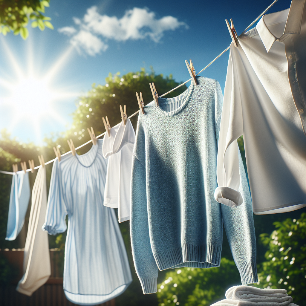 Crisp, clean laundry, including a white shirt and a light blue sweater, gently swaying on a clothesline outdoors on a bright, sunny day. A subtle breeze is suggested by the movement of the fabric, and the clothes appear fresh, vibrant, and pure, symbolizing successful odor removal and newfound freshness. The background features soft, blurred green foliage and a clear sky, in a clean, realistic photo style.