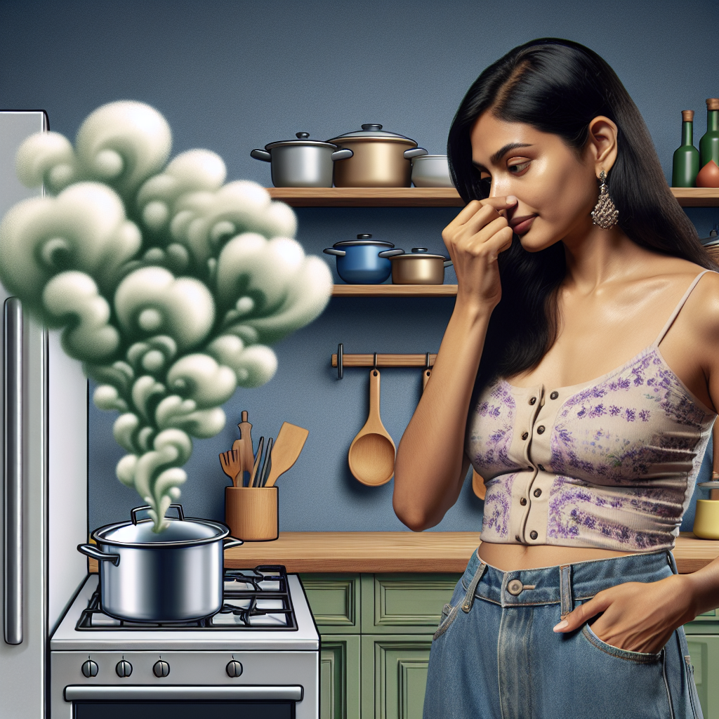 A person in a modern, slightly messy kitchen, holding their nose with a look of mild distaste. A stylized, faint green or purple 'bad smell' cloud subtly emanates from an open refrigerator or a pot on the stove, visually representing a lingering unpleasant mussel odor. The scene should convey frustration with an unwelcome smell. Realistic, with a touch of illustrative exaggeration for the scent.