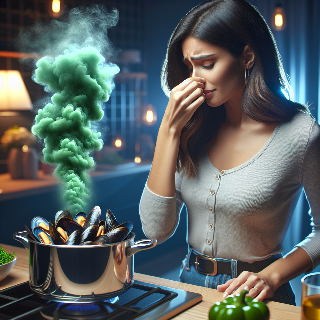 A modern kitchen scene with a strong, visible, unpleasant green and purple cloud of 'mussel smell' emanating from a pot of cooked mussels on the stovetop. A person in the background looks slightly overwhelmed, subtly holding their nose and attempting to open a window. The overall atmosphere conveys a lingering, unwanted odor. Realistic, detailed, indoor lighting, focus on the visual representation of the smell.