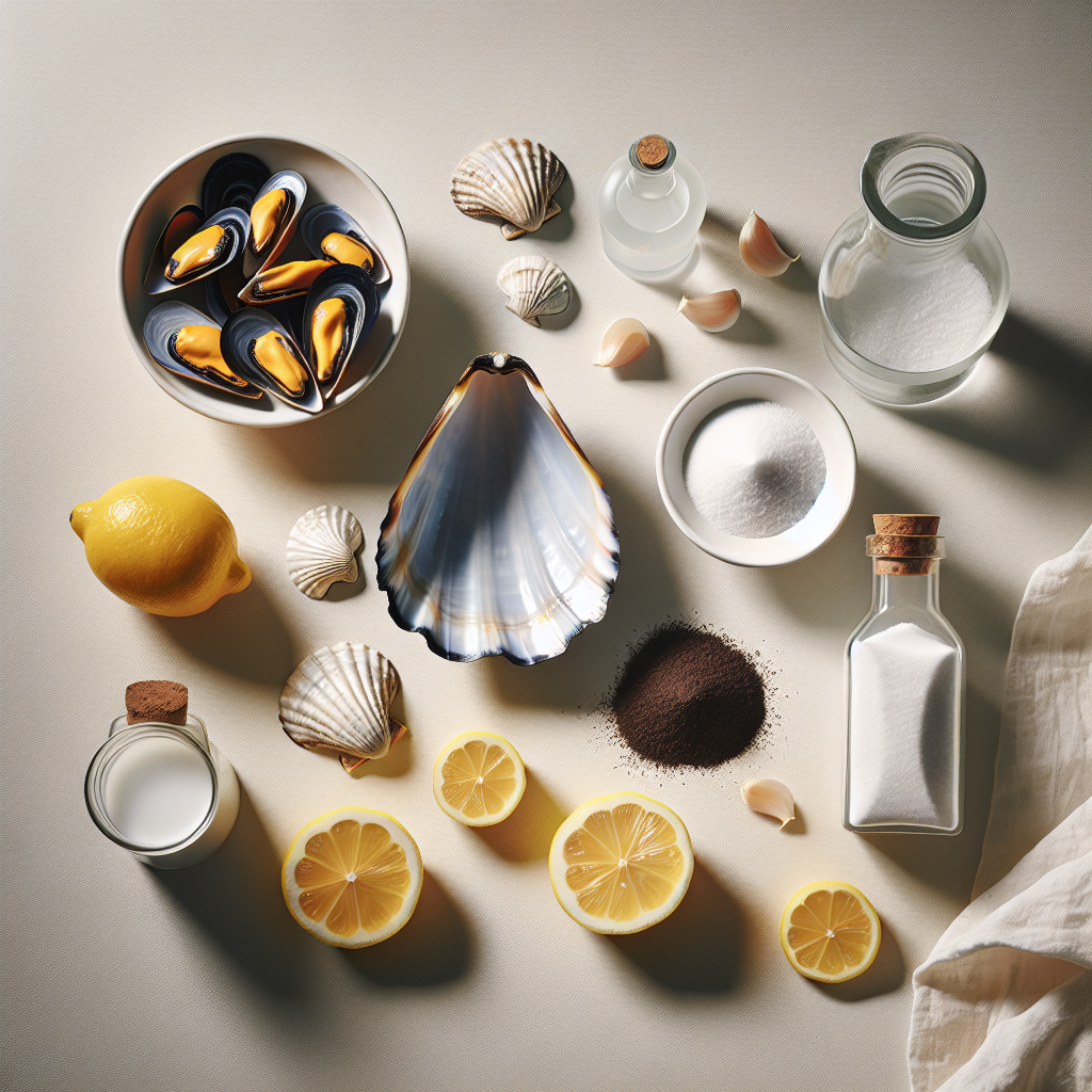 An aesthetically pleasing flat lay composition featuring natural odor removers: bright yellow lemon slices, a small bowl of white baking soda, a clear bottle of white vinegar, and a scattering of fresh brown coffee grounds. These items are artfully arranged around a clean, empty mussel shell or a small cluster of fresh, raw mussels, on a light, minimalist background. The scene conveys freshness, cleanliness, and the concept of odor neutralization. Studio lighting, high detail.