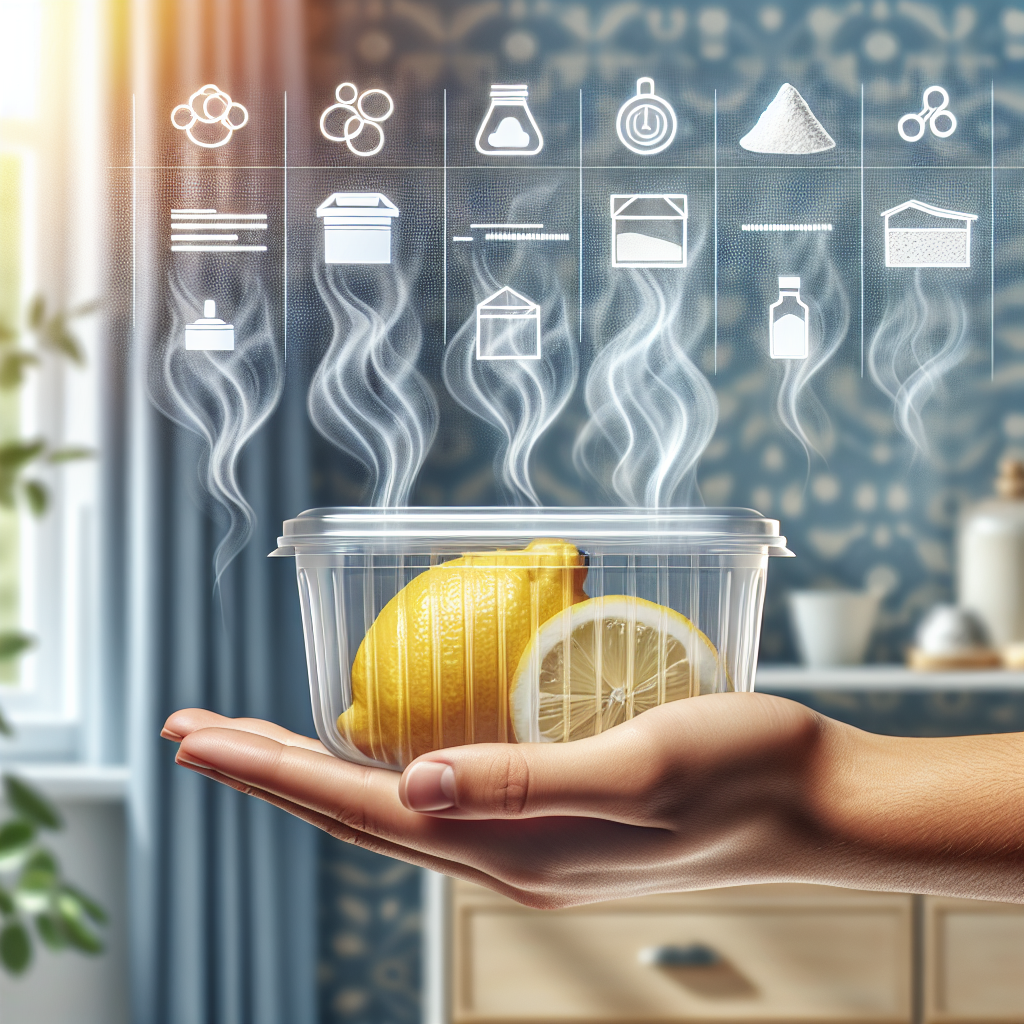 A hand holds a transparent plastic food container from which subtle, unpleasant wavy odor lines emanate. In the background, blurred elements representing various odor removal methods are visible: a sliced lemon, a box of baking soda, and a slightly open window with fresh air subtly blowing in. The overall aesthetic is clean, modern, and slightly scientific, focusing on the problem and solution. High detail, soft lighting, infographic style.