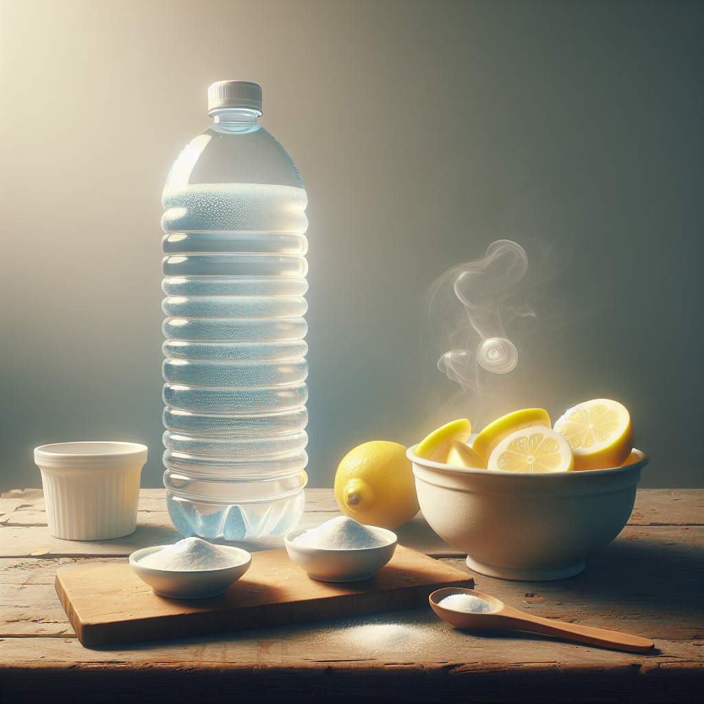 A perfectly clean, gleaming plastic water bottle stands on a rustic wooden counter next to a small bowl filled with fresh lemon slices and a white ceramic dish holding baking soda. Soft, natural light illuminates the scene, creating a sense of freshness and purity. A subtle wisp of 'fresh air' or steam rises from the plastic item, symbolizing effective odor removal. Studio photography style, high resolution, minimalist composition.