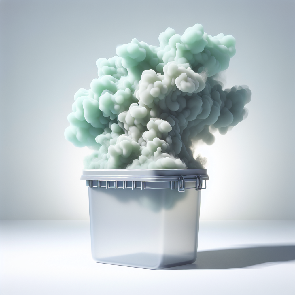 A minimalist, clean product photography style image of a generic, new plastic container or object, emitting a stylized, slightly unpleasant visual cloud of light green and grey fumes. The background is simple and bright, emphasizing the object and the unwanted odor.