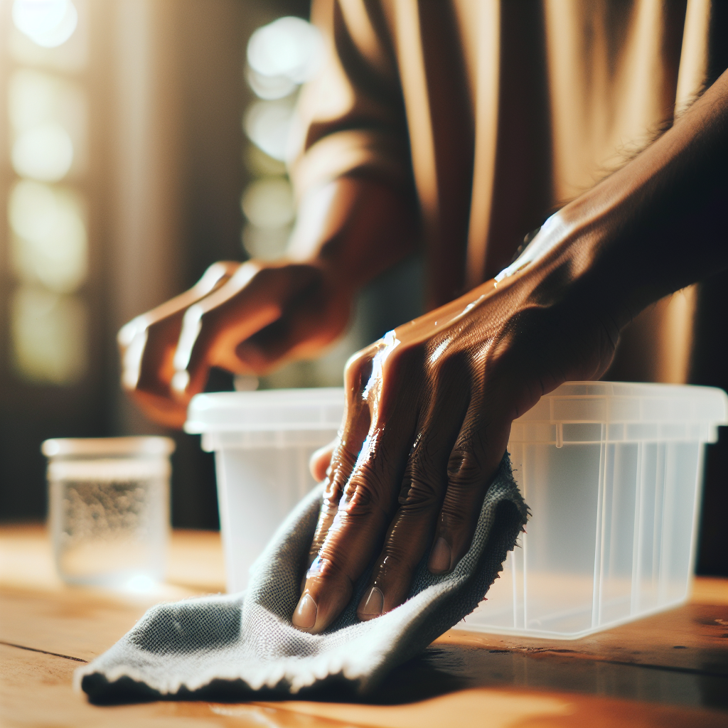A close-up shot of hands wiping down a plastic object (e.g., a storage box, a child's toy) with a damp cloth, conveying a sense of cleaning and purification. Soft, natural light illuminates the scene, suggesting freshness and the removal of something unwanted in a domestic setting.