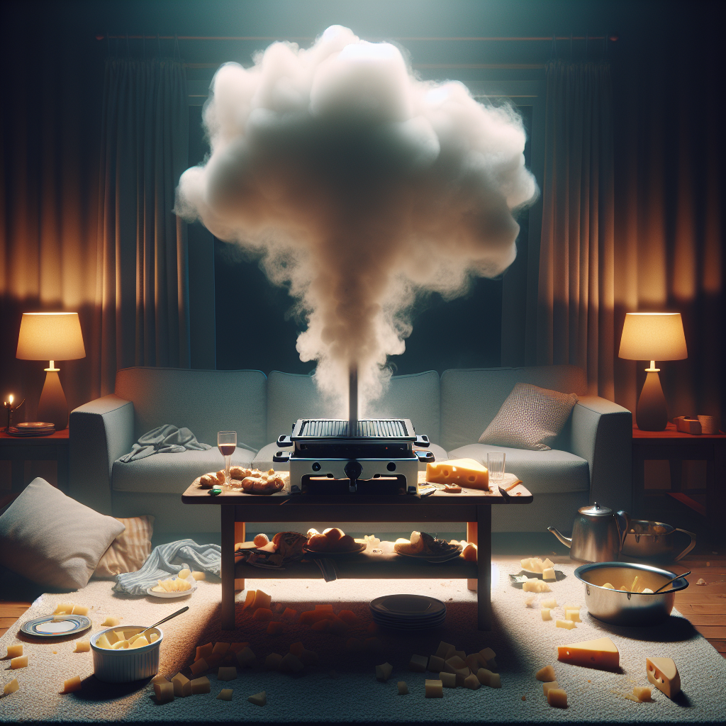 A cozy living room after a raclette party, with a cooling raclette grill on a table amidst some leftover dishes. A subtle, almost visible cloud of unpleasant, lingering cheesy smell permeates the air, making the room feel heavy and stale. The lighting is dim, suggesting the aftermath of an evening. Realistic, atmospheric.