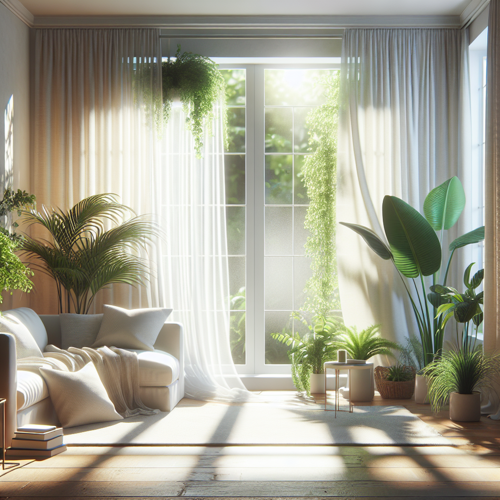 A bright, airy living room with an open window, letting in abundant fresh air and sunlight. Green plants are visible, and sheer curtains are gently swaying. The overall atmosphere is clean, revitalized, and smells fresh, symbolizing the successful removal of unpleasant odors. No raclette elements are visible. Realistic, inviting.