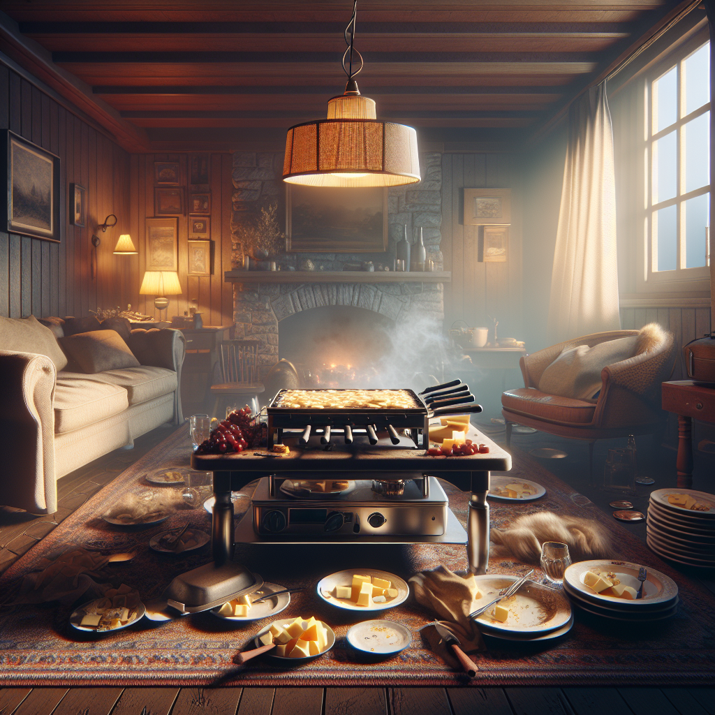 A cozy living room after a raclette party. The air is visibly heavy and slightly hazy, representing the lingering smell of melted cheese and grilled food. The raclette grill is on the table with used plates, emphasizing the aftermath. Warm, atmospheric lighting. Realistic photo.