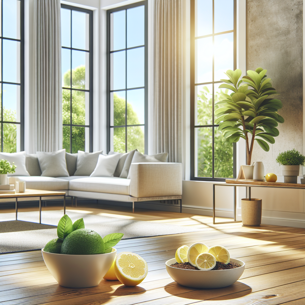 A clean and bright living room with a large window wide open, letting in abundant natural light and fresh air. On a nearby surface, a bowl of fresh lemon slices and a small dish of coffee grounds subtly suggest odor neutralization. The room feels fresh, airy, and inviting. Realistic photo, vibrant and clean aesthetic.