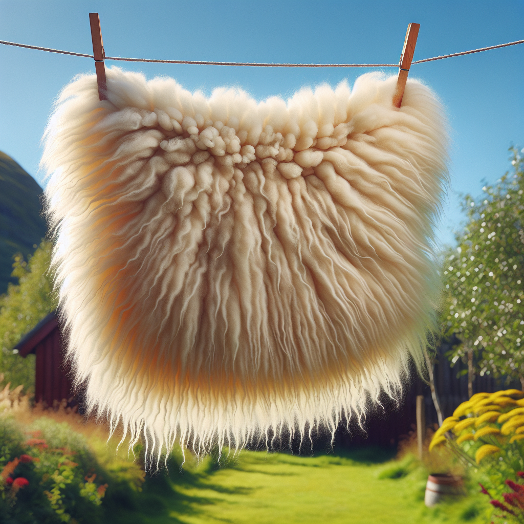 A fluffy, natural sheepskin rug is hanging outdoors on a wooden clothesline, gently blowing in a light breeze on a bright, sunny day. The background shows a peaceful, green garden. The sheepskin looks incredibly clean and fresh, symbolizing airing out.