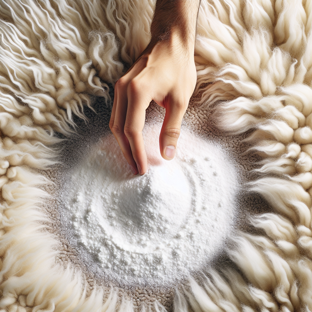 Close-up of a hand gently sprinkling white baking soda powder over a soft, off-white sheepskin rug. The baking soda is visibly settling into the fluffy fibers. The setting is a cozy, clean indoor environment, focusing on the texture of the sheepskin and the powder.