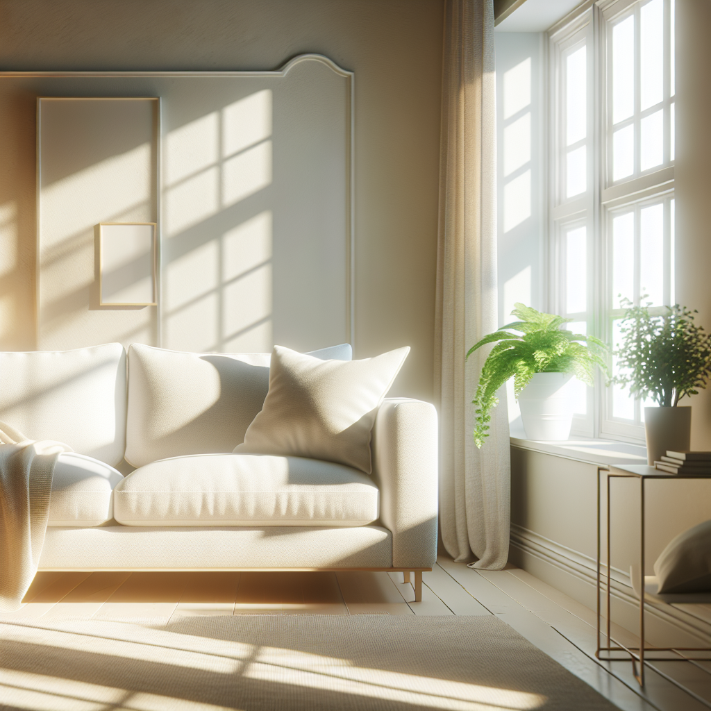 Ein gemütliches, modernes Wohnzimmer mit einem sauberen, hellen Sofa, das in warmes, natürliches Sonnenlicht getaucht ist. Ein offenes Fenster deutet auf eine leichte Brise hin, und eine kleine Topfpflanze auf einem Beistelltisch verleiht Frische. Die Gesamtatmosphäre ist einladend und luftig und symbolisiert ein Zuhause frei von unangenehmen Gerüchen. Fotorealistisch, weiche Beleuchtung.