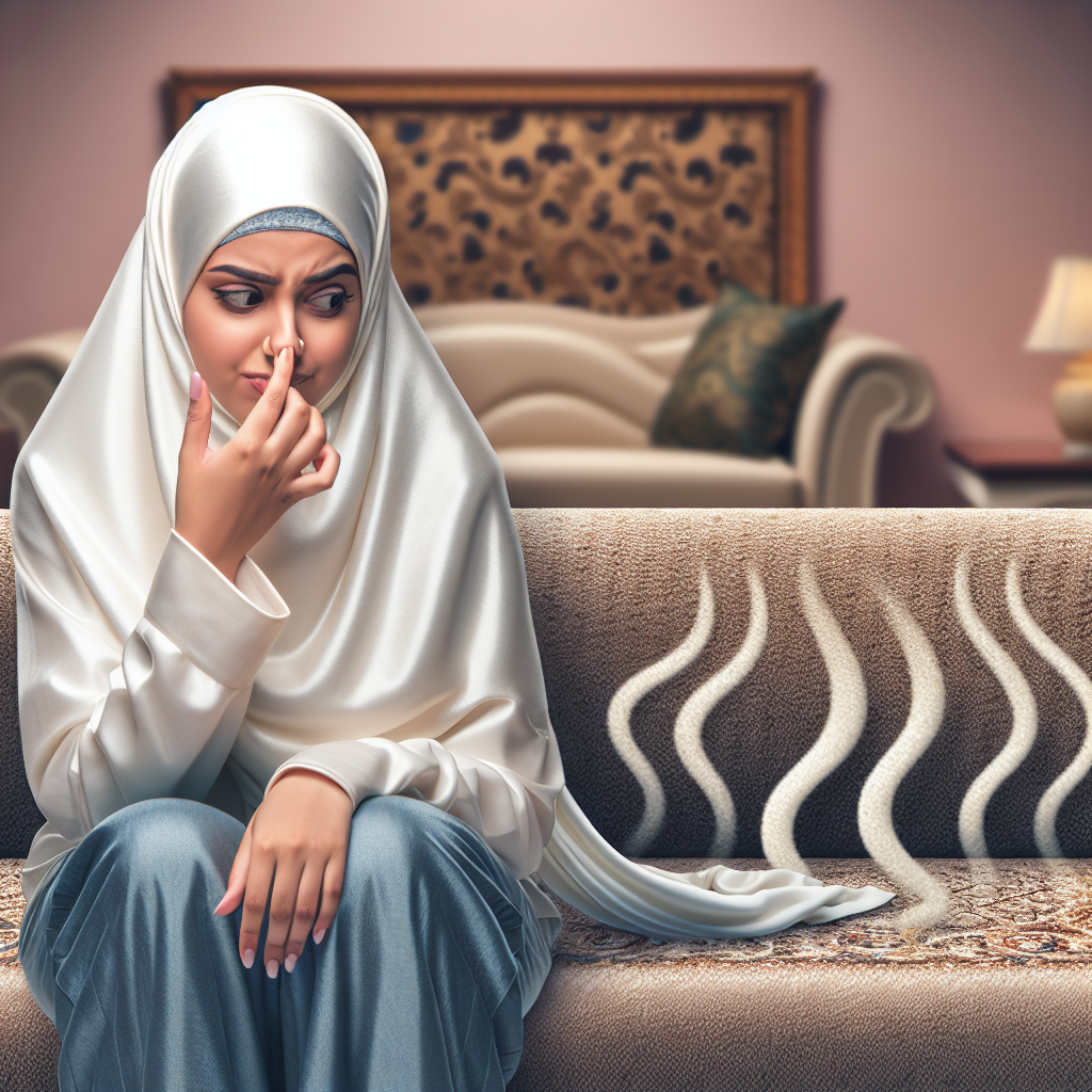 A person sitting on a comfortable fabric sofa, holding their nose with a slightly disgusted expression, as subtle, wavy, unpleasant odor lines visibly emanate from the sofa. The living room is otherwise cozy and well-decorated, creating a visual contrast. Realistic, high-quality photograph.
