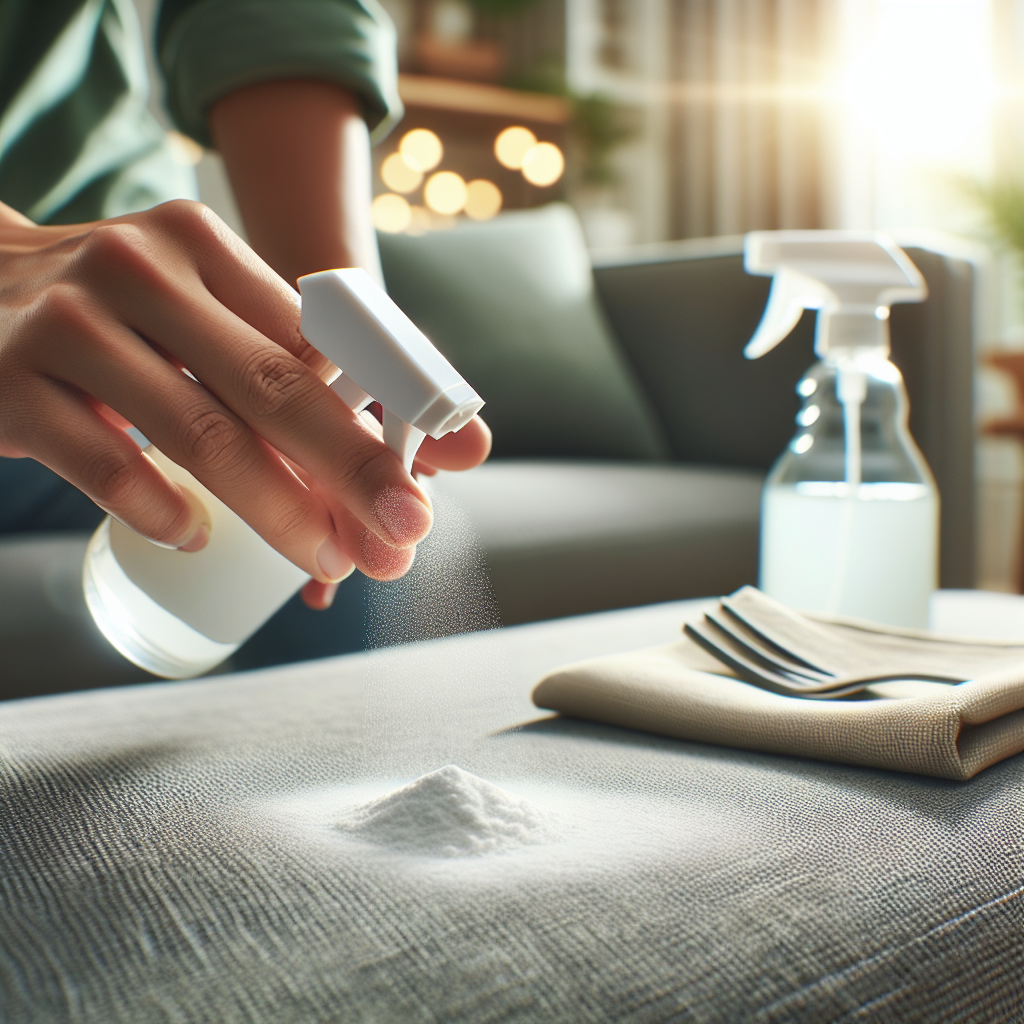 Close-up of hands gently sprinkling white powder, like baking soda, onto the fabric of a modern, clean sofa. In the background, a spray bottle with a natural cleaning solution and a clean cloth are subtly visible on a coffee table, suggesting natural cleaning remedies. Bright, well-lit, realistic photograph, emphasizing freshness and home cleaning.